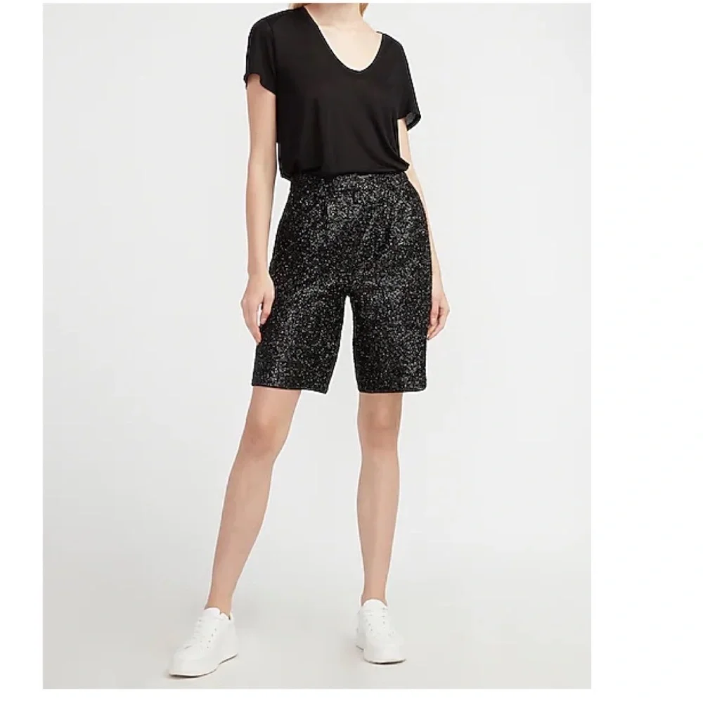 NWT EXPRESS High Waisted Sequin Bermuda Shorts SZ-2 BLACK